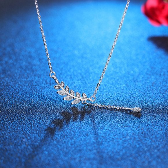 14k Gold Leaf Lab Diamond Tear Drop Necklace Sterling Silver - Picture 7 of 14